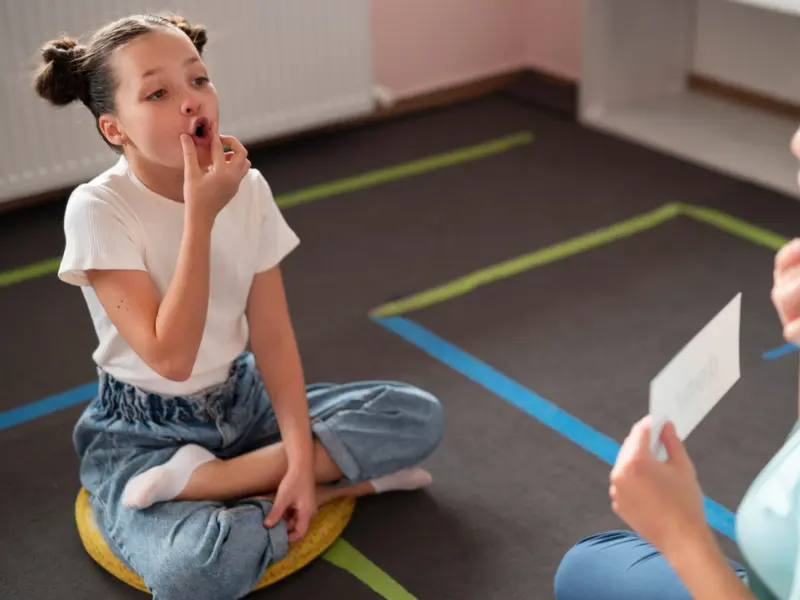 Dziecko ćwiczy terapię mowy, siedzi ze skrzyżowanymi nogami i naśladuje kształt ust pokazywany przez terapeutę, trzymając kartkę.